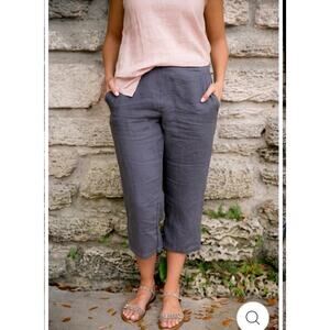 Vikolino Crop Pants XL Linen High Rise Elastic Waistband Wide Leg Blue Gray Boho